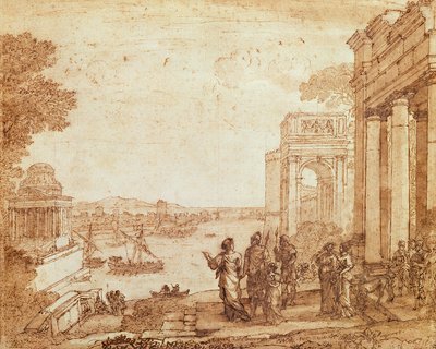 Karthágó kilátása Didóval és Aeneasszal (toll, akvarell és bisztremosó) alkotó: Claude Lorrain